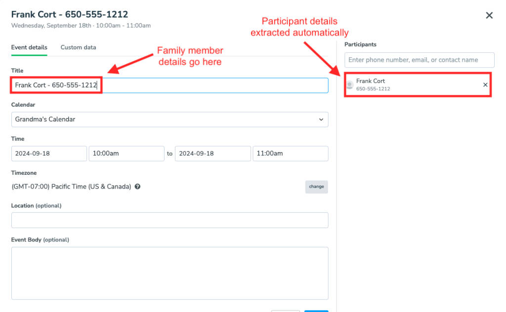 Appointment event creation form with Title of event set to invitee and phone number